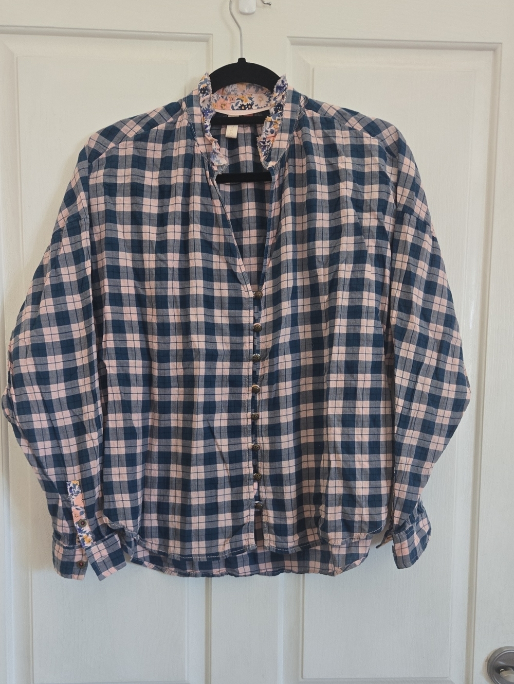 Pilcro Blue and Pink Plaid Button-Up Blouse